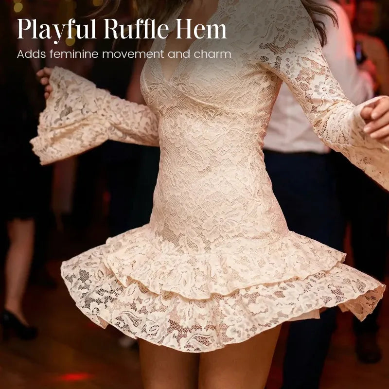 Women’s Elegant Lace V-Neck Ruffle Hem Mini Dress