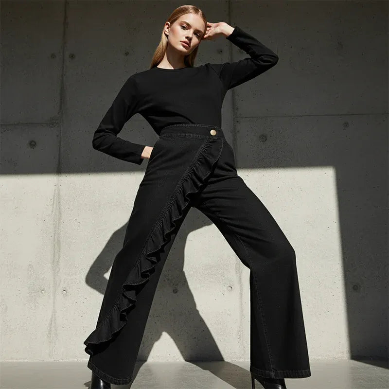 Women’s Asymmetrical Ruffle Wide-Leg Jeans