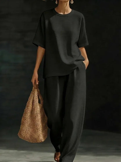 Women’s Relaxed Short-Sleeve Top and Wide-Leg Pants Set