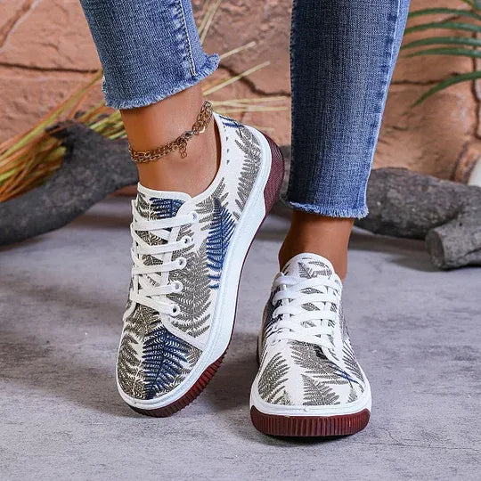 Women’s Breathable Leaf Print Lace-Up Casual Sneakers