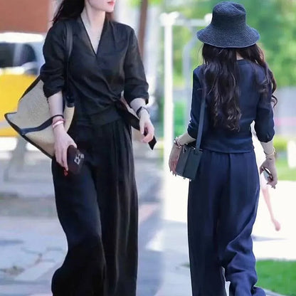 Women’s Elegant Wrap Blouse & Wide Leg Pants Set