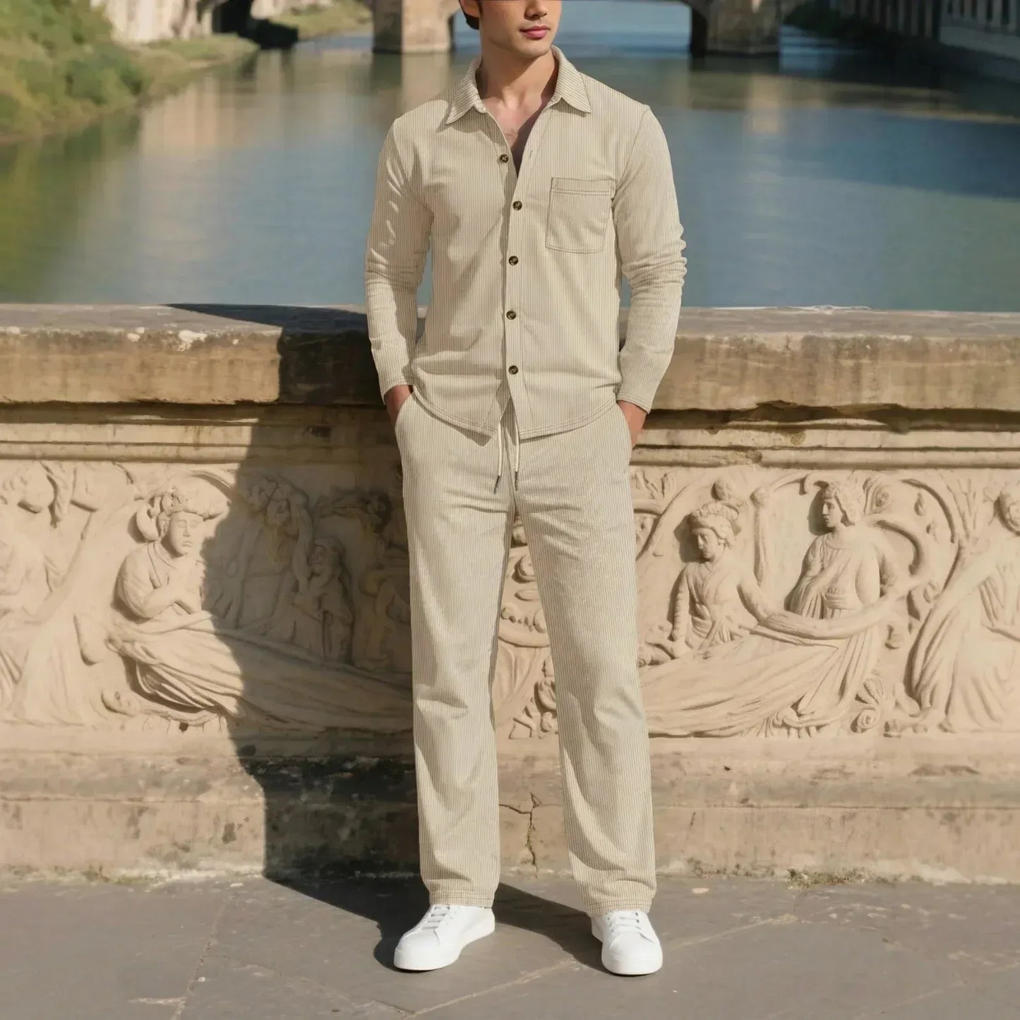 Men’s Textured Button-Up Shirt and Pants Set