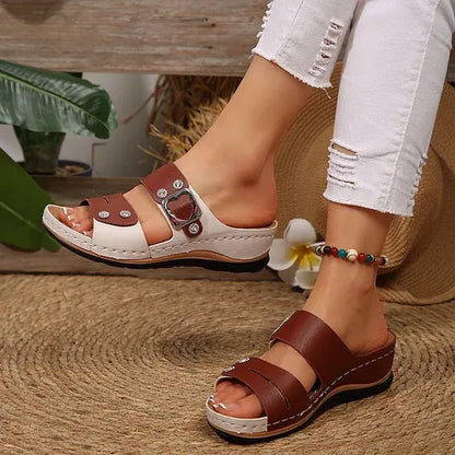 Rhinestone Buckle Strap Wedge Slide Sandals