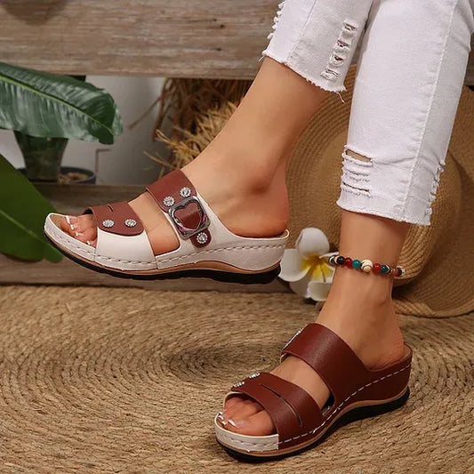 Rhinestone Buckle Strap Wedge Slide Sandals