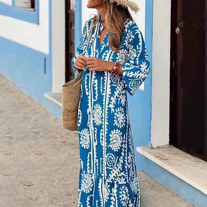 Women’s Boho Print V-Neck Loose Fit Maxi Dress