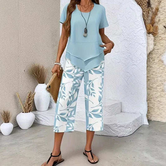 Women’s Layered Tunic Top and Printed Cropped Pants Set