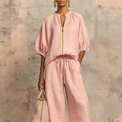 Women’s Puff Sleeve Top and Wide-Leg Pants Set