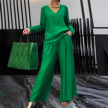 Women’s V-Neck Top and Wide-Leg Pants Set