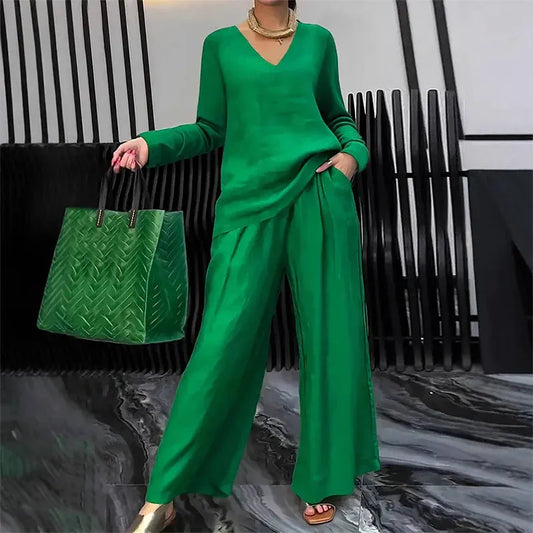 Women’s V-Neck Top and Wide-Leg Pants Set