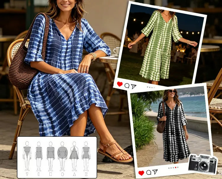 Women's V-Neck Printed Midi Dress
