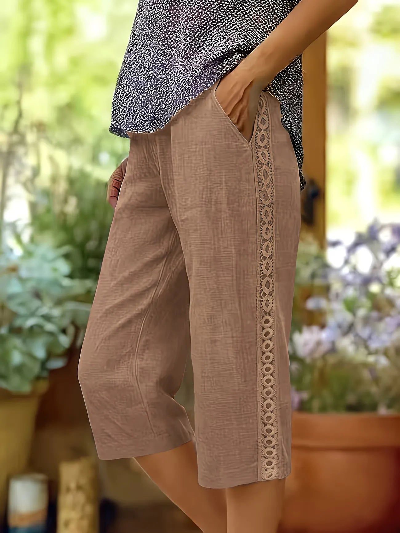 Women's Casual Straight Crop Pants with Side Lace Detail