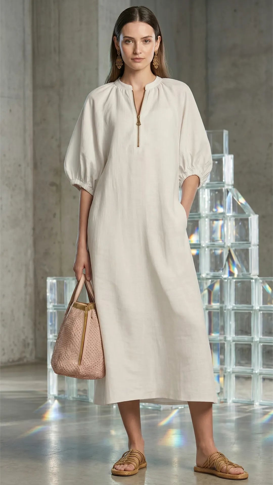 Women’s Relaxed Zip-Neck Midi Dress