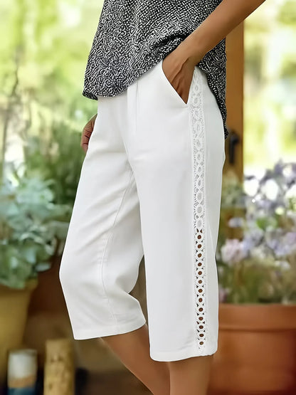 Women's Casual Straight Crop Pants with Side Lace Detail