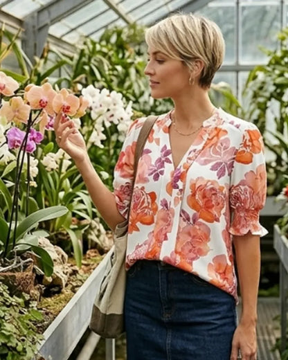Women’s Floral Split Neck Puff Sleeve Blouse