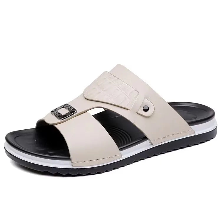Men's Leather-Look Double Strap Slip-On Sandals