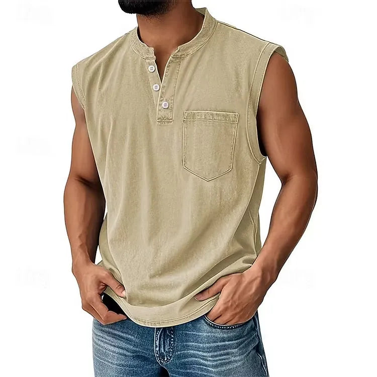 Men’s Sleeveless Henley Tank Top With Pocket