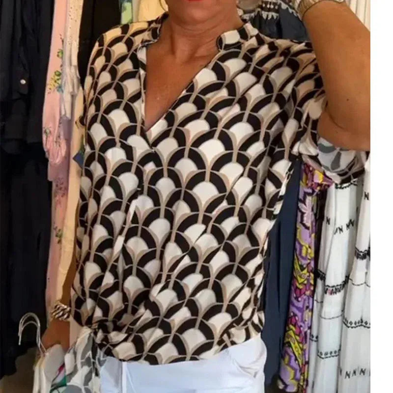Women’s Geometric Print V-Neck Casual Blouse
