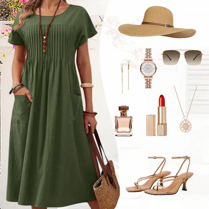 Women’s Short Sleeve Pleated Pocket Midi Dress