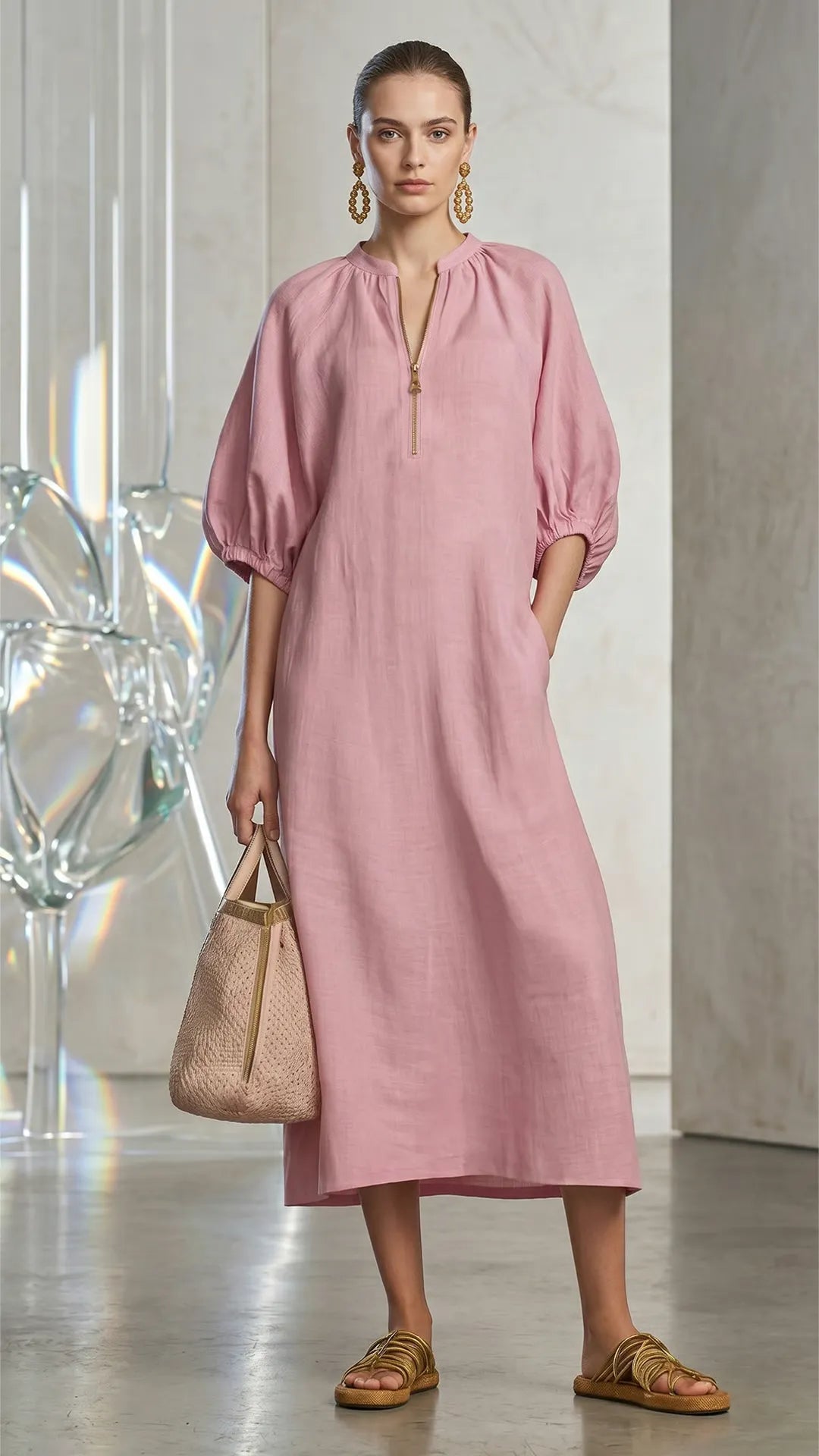 Women’s Relaxed Zip-Neck Midi Dress