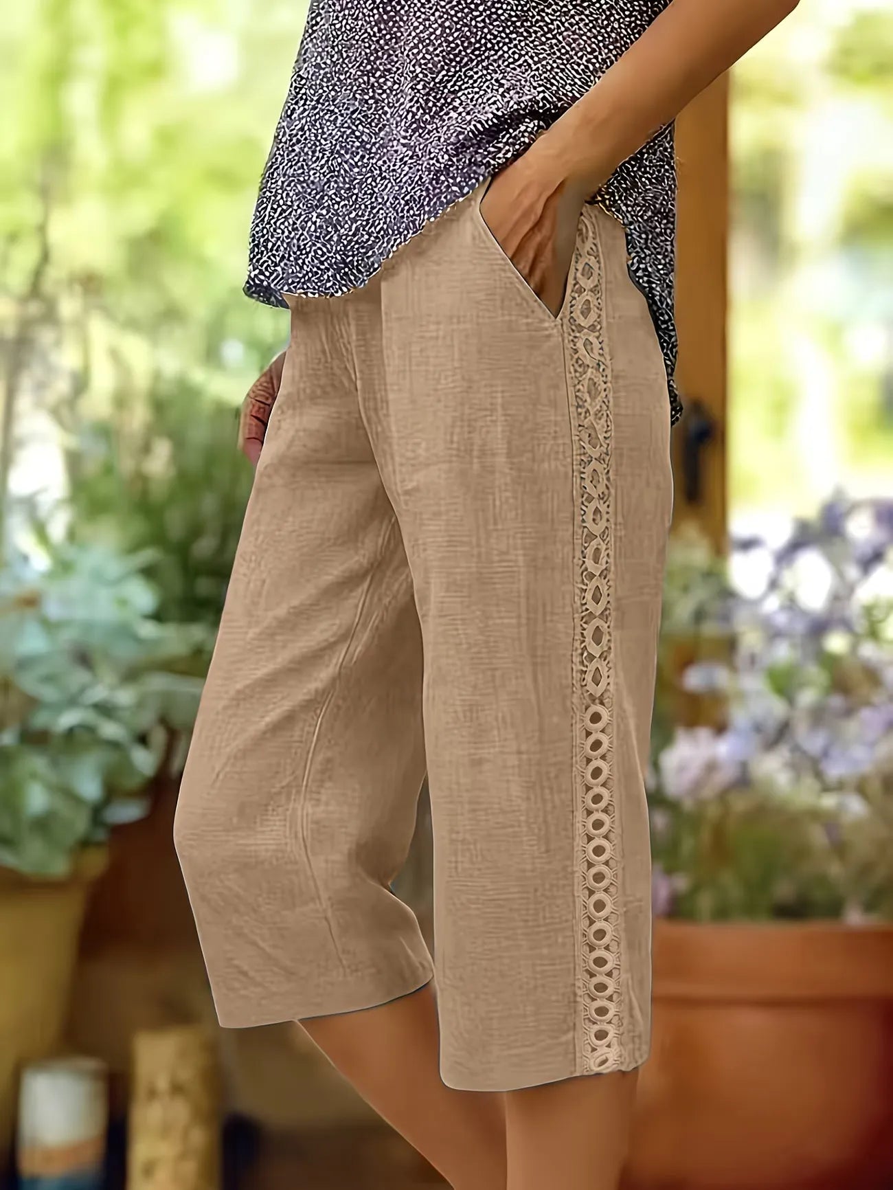 Women's Casual Straight Crop Pants with Side Lace Detail
