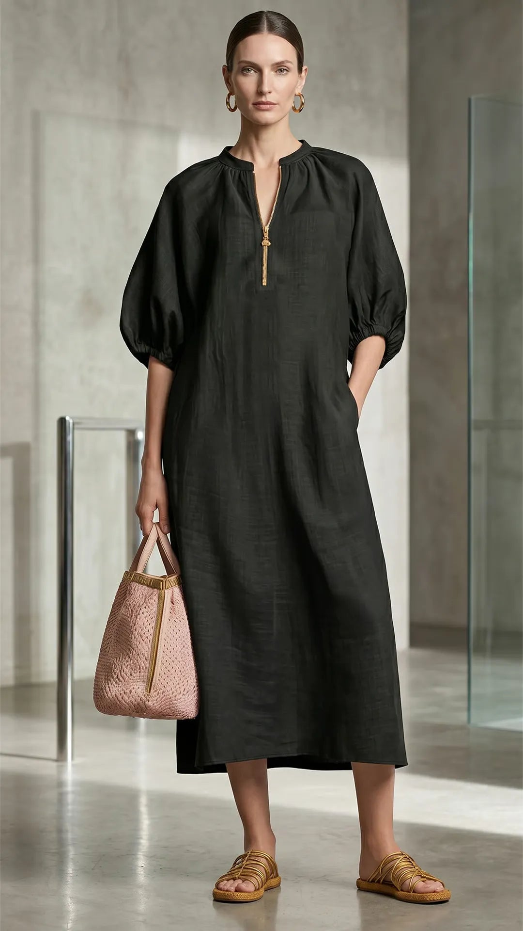 Women’s Relaxed Zip-Neck Midi Dress