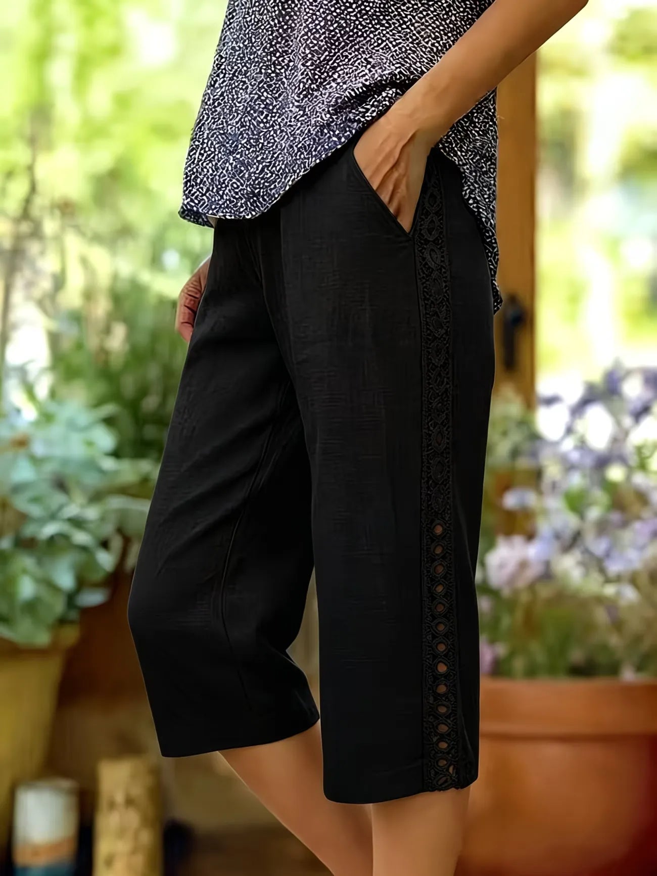 Women's Casual Straight Crop Pants with Side Lace Detail