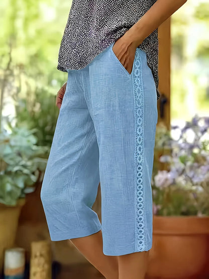 Women's Casual Straight Crop Pants with Side Lace Detail