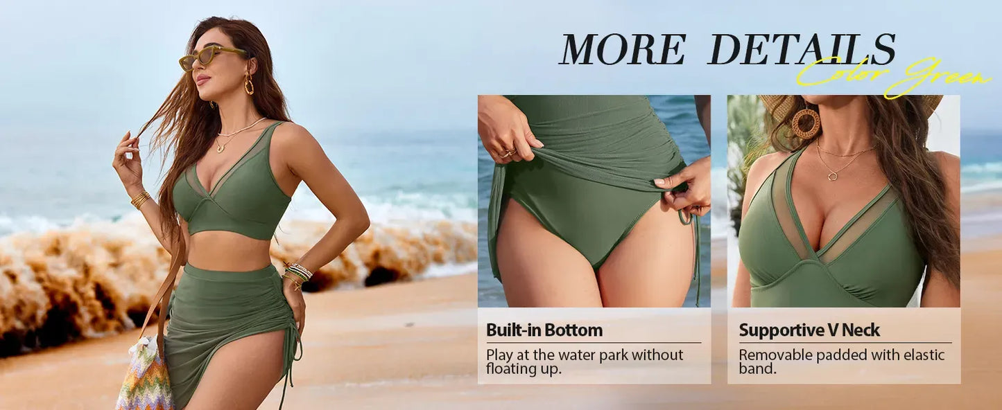 Women’s High-Waisted Swim Skirt Bikini Set with Supportive V-Neck Top