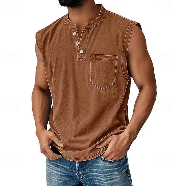 Men’s Sleeveless Henley Tank Top With Pocket
