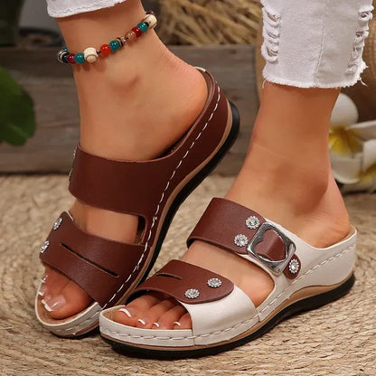 Rhinestone Buckle Strap Wedge Slide Sandals