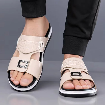 Men's Leather-Look Double Strap Slip-On Sandals