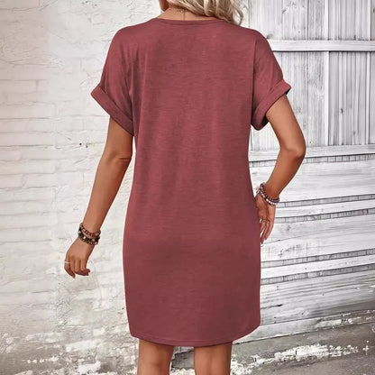 Women’s Casual V-Neck Button Front T-Shirt Dress