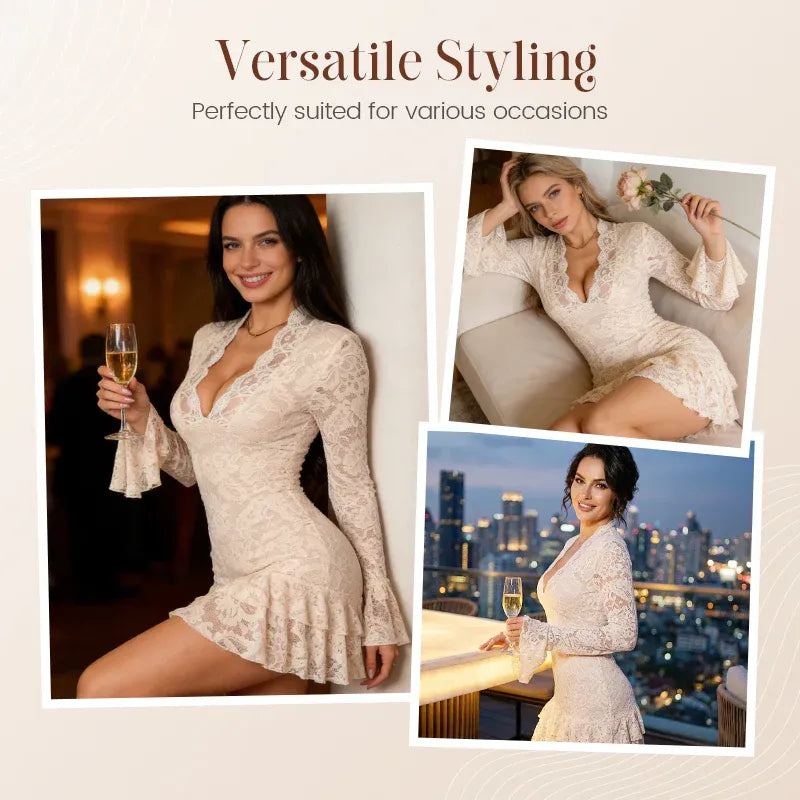 Women’s Elegant Lace V-Neck Ruffle Hem Mini Dress