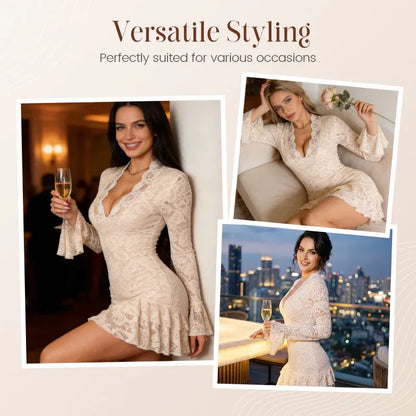 Women’s Elegant Lace V-Neck Ruffle Hem Mini Dress