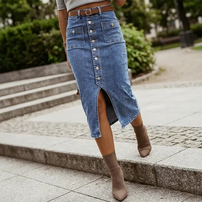 Women’s High-Waisted Button-Front Denim Midi Skirt