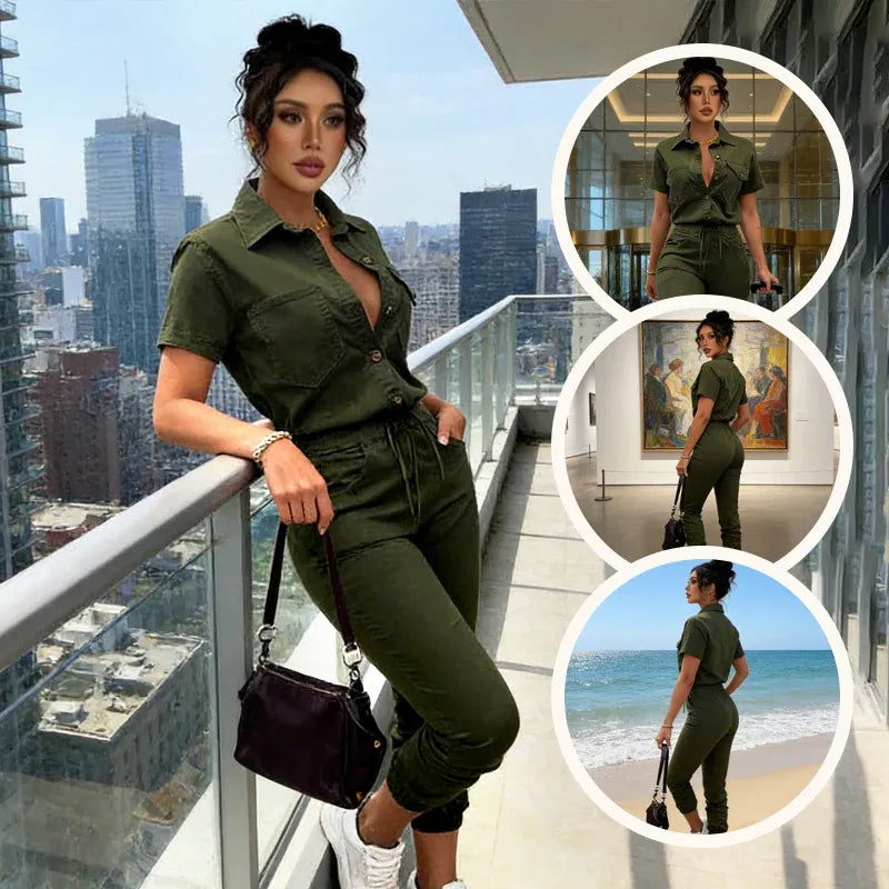 Women’s Button-Front Short-Sleeve Utility Jumpsuit
