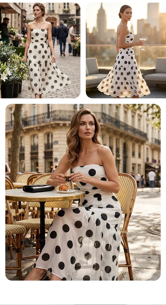 Women’s Strapless Polka Dot Tiered Midi Dress