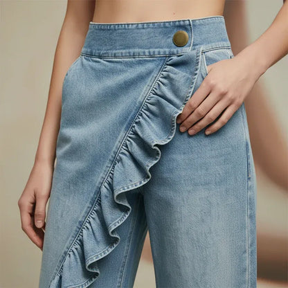 Women’s Asymmetrical Ruffle Wide-Leg Jeans