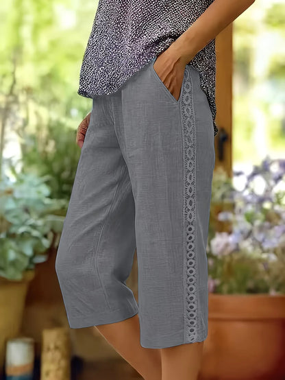 Women's Casual Straight Crop Pants with Side Lace Detail