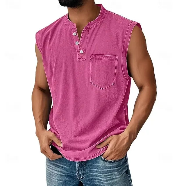 Men’s Sleeveless Henley Tank Top With Pocket