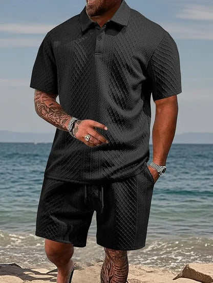 Men’s Textured Polo Shirt and Shorts Summer Set