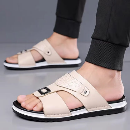 Men's Leather-Look Double Strap Slip-On Sandals