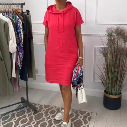 Women’s Casual Hooded Short Sleeve Linen Blend Dress with Pockets