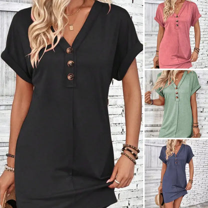 Women’s Casual V-Neck Button Front T-Shirt Dress