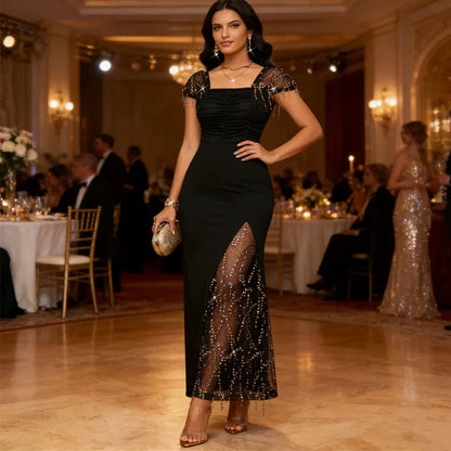 Women’s Sequin Mesh Slit Maxi Dress