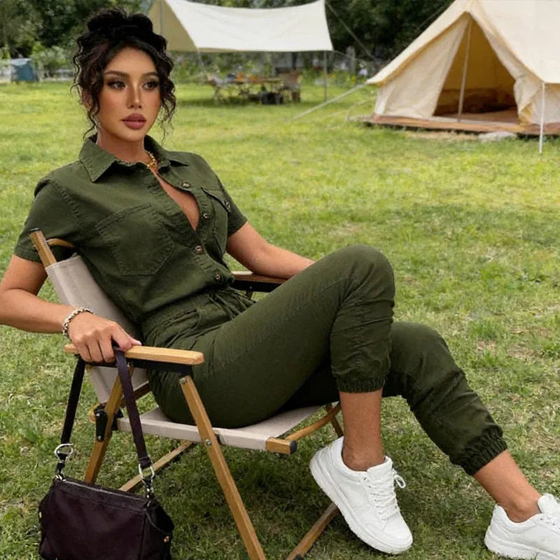 Women’s Button-Front Short-Sleeve Utility Jumpsuit