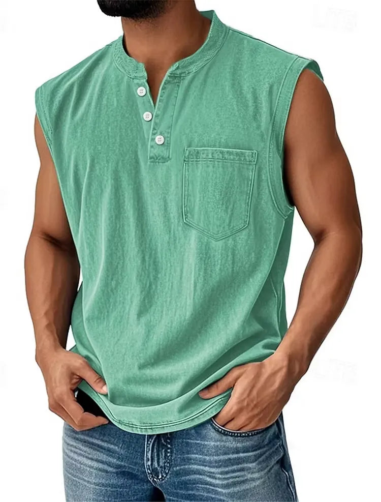 Men’s Sleeveless Henley Tank Top With Pocket