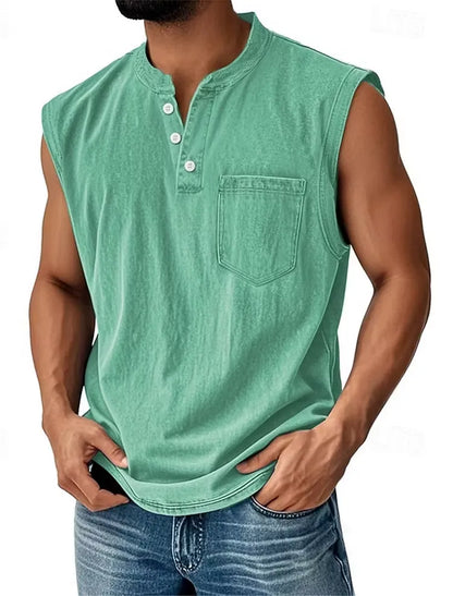 Men’s Sleeveless Henley Tank Top With Pocket