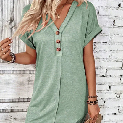 Women’s Casual V-Neck Button Front T-Shirt Dress