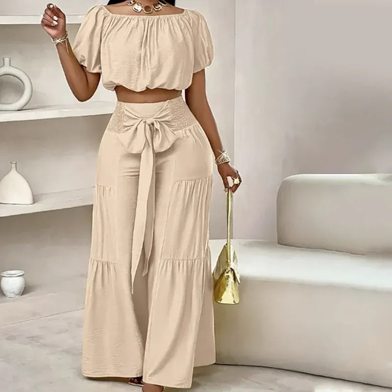 Women’s Off-Shoulder Crop Top & Wide-Leg Pants Set